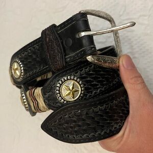 Nocona Western leather belt with metal and fiber accents silver buckle